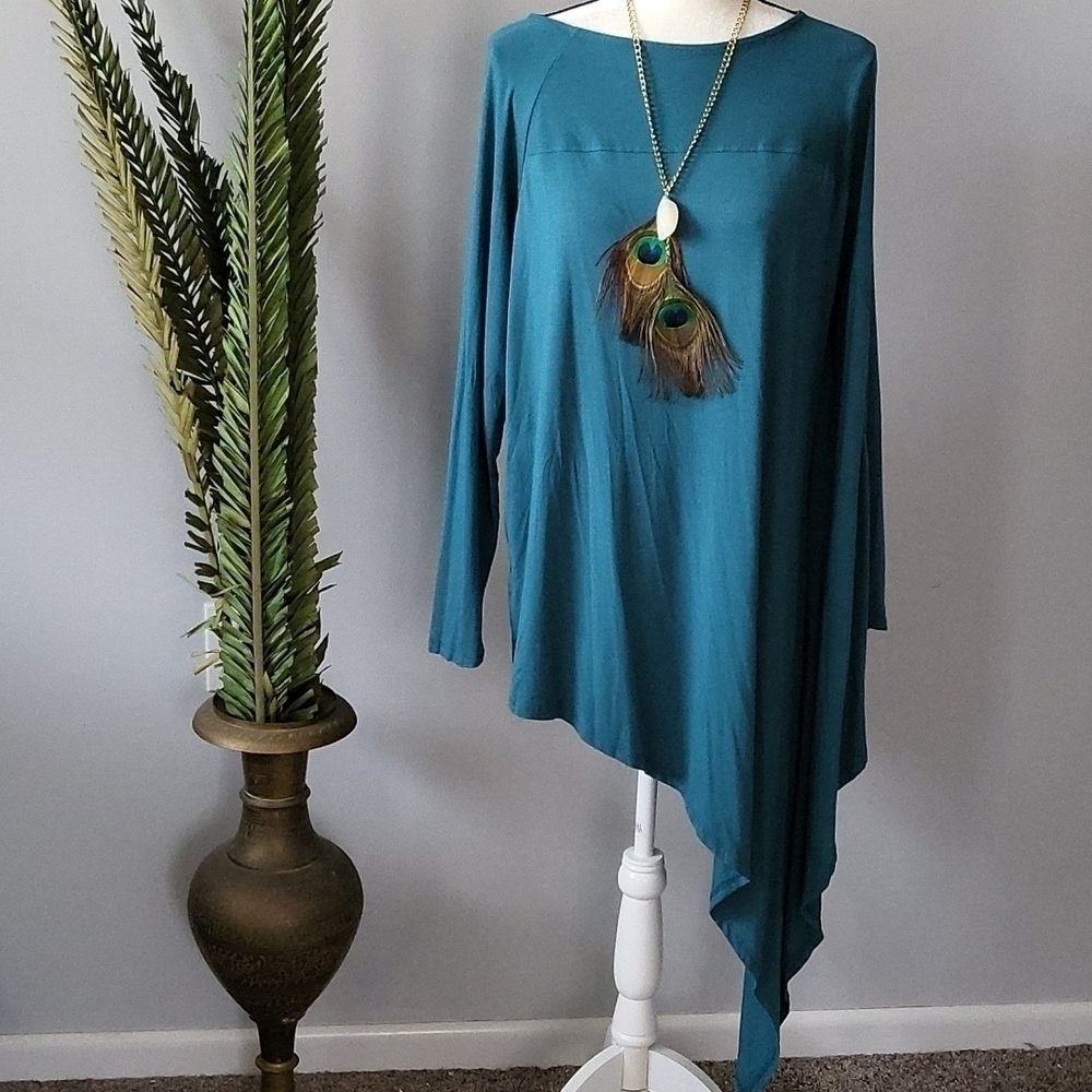 Roaman's asymmetrical teal tunic with dramatic sleeve NWT - Picture 2 of 12